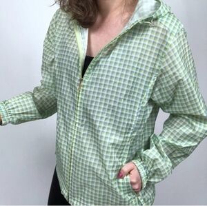 LL BEAN Jacket Womens L Lightweight Hooded Windbreaker Gingham Check Green